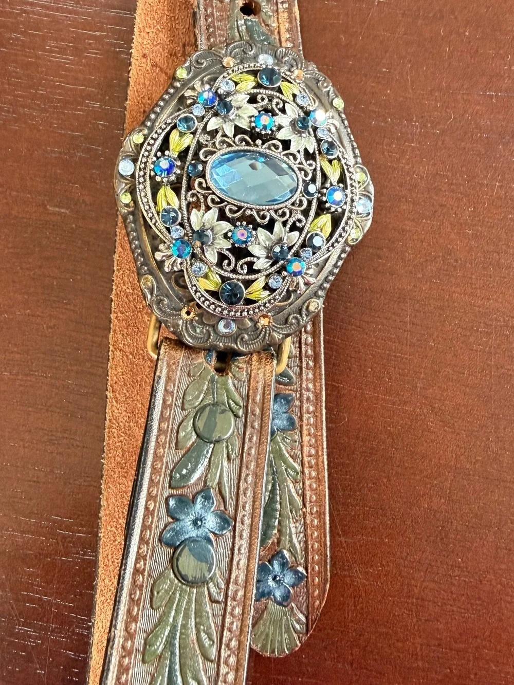 Embellished Brown Leather Women's Belt with Floral Concho